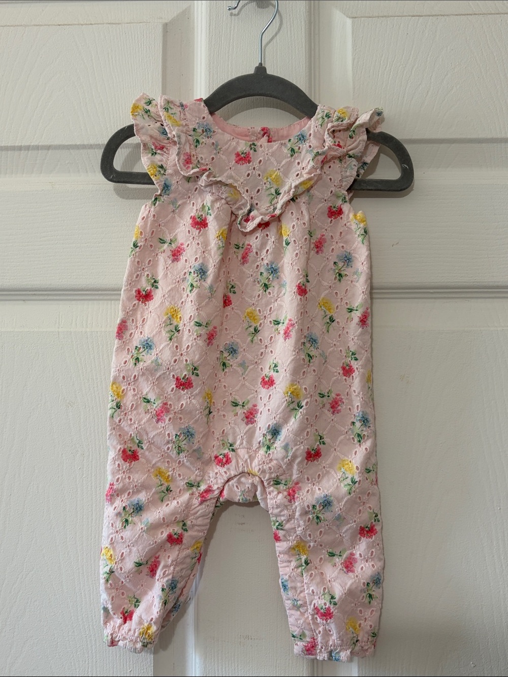 Janie and Jack Pink Floral Eyelet Romper with Ruffle Shoulders 3-6 months